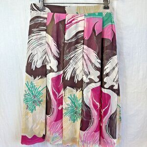 Ann Klein Women's Brown/Pink Floral Silk/Cotton Blend Pleated Midi Skirt Sz 6p